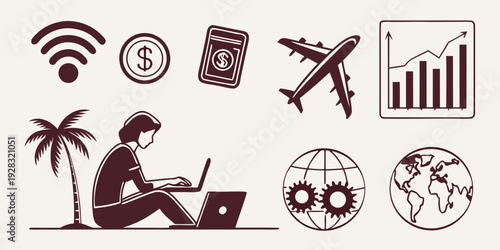 A person working on a laptop surrounded by symbols of travel, finance, and technology. Vector