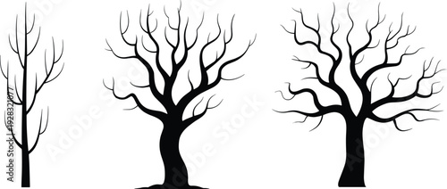 Spooky twisted bare tree silhouettes isolated on white background Halloween horror forest design vector illustration elements set