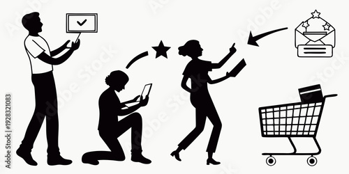 A diverse group of people shopping with a variety of items and a shopping cart Vector