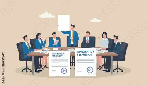 Work permit document approved, contract agreement athority, paper employment stamp signature, immigration permission concept, businessman team meeting employee approved permit paper.