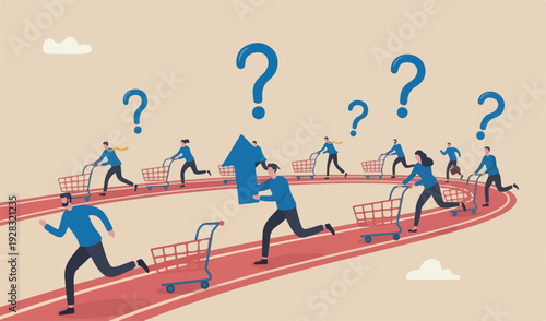 High demand products, season e-commerce discount website marketing campaign drawing customers buy product concept, consumer people shopping compete running race tracks