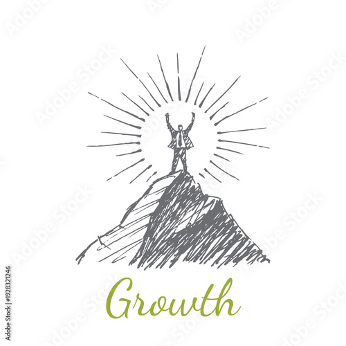 Growth Sketch - businessman celebrating on mountain peak