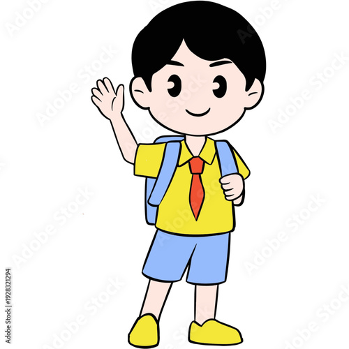 Friendly schoolboy waving with backpack on, smiling cheerfully