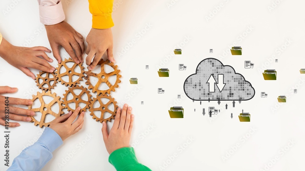 Obraz premium A dynamic representation of collaboration with diverse hands assembling gears alongside a cloud symbolizing data management and efficient file-sharing strategies for business success. Raster