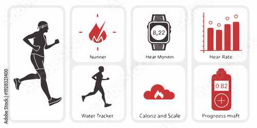 Icons representing fitness tracking, heart rate monitoring, and calorie counting for health and wellness. Vector