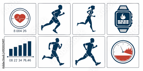 Icons representing health, fitness, and safety in various activities and professions. Vector