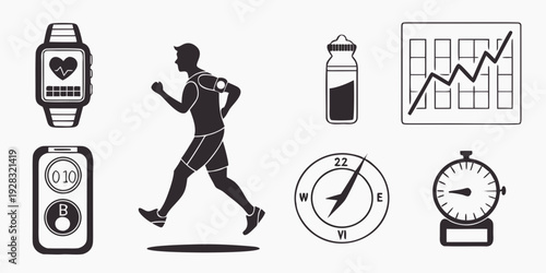 Illustrations of fitness tracking devices and activities for monitoring health and performance. Vector