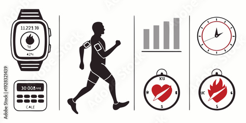 Icons representing fitness tracking, health monitoring, and workout progress. Vector