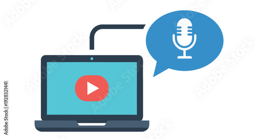 Webinar concept laptop with play button and microphone in a speech bubble
