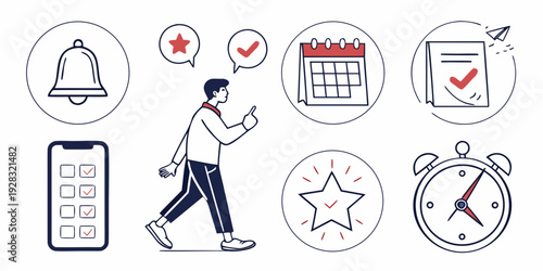A person managing various tasks and reminders using different tools and devices Vector