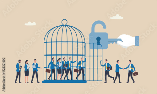 Reopen illustration modern, flat design with clean lines and minimal shading meeting teams together government unlock the cage and businessman return work.