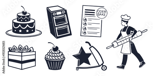A diverse collection of cakes, a book, and a star with a chef illustration. Vector