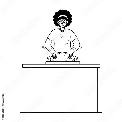 Hand drawn illustration of a frustrated woman kneading dough on a kitchen table with effort