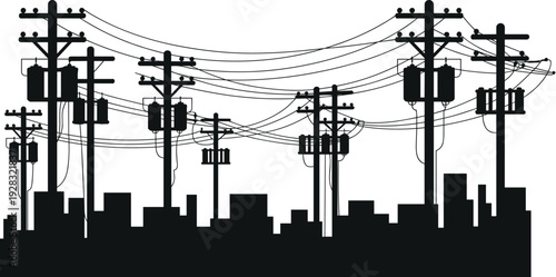Urban electricity distribution poles with transformers and overhead power lines silhouette over city skyline industrial energy infrastructure and utility network concept