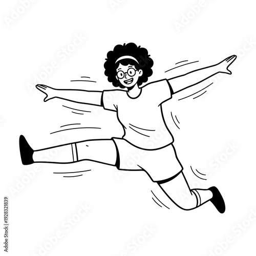Hand drawn illustration of an energetic woman jumping with spread arms and legs