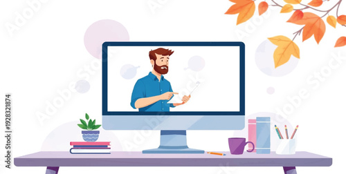 Male Teacher on Computer Screen for Online Education, Remote Learning and Virtual Webinar