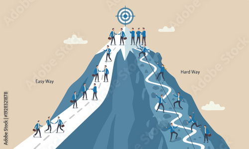 Success with lines and minimal shading business concept, businessmen compete easy and hard way to climb mountain