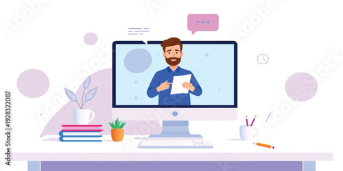 Online Education Concept Illustration with Male Teacher and Digital Learning Tools for Virtual Classroom and Webinars