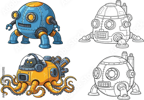 Colorful and Monochrome Robot and Octopus Robot Mechanical