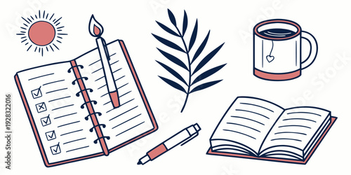 A cluttered desk with a notebook, pens, a phone, and a cup of coffee. Vector