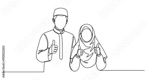 A continuous line drawing depicts a muslim couple giving thumbs up showcasing a minimalist silhouette high quality professional