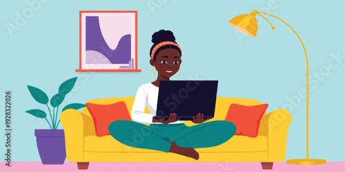 African American Woman Working on Laptop on Yellow Sofa, Cozy Home Office Remote Work Concept Flat Vector Illustration