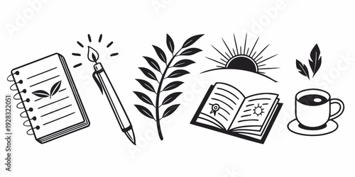 A cozy scene with a notebook, pen, coffee, and plants for inspiration. Vector