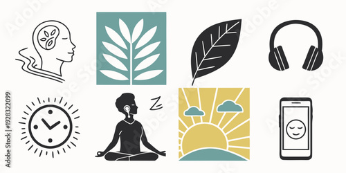 Illustrations of various symbols representing relaxation and self-care activities. Vector