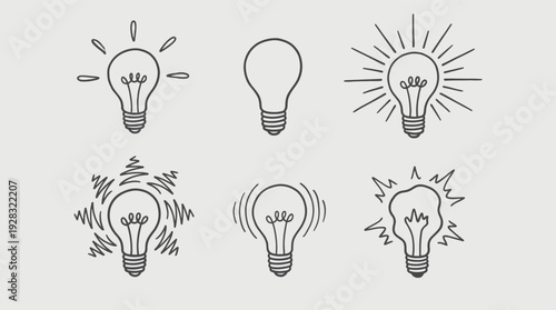 Light Bulb Icons in Various Styles and Effects in Black and White Line Art for Graphic Design