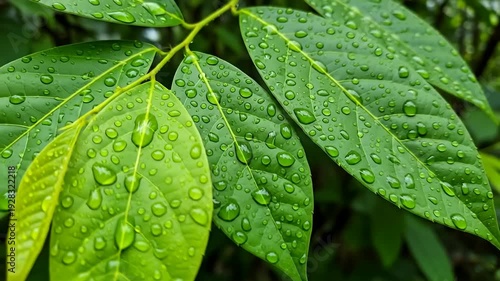 Close-up of green leaves covered in raindrops against a dark, leafy background