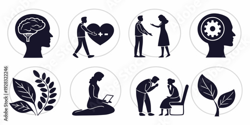 Diverse icons representing various aspects of human life and well-being Vector