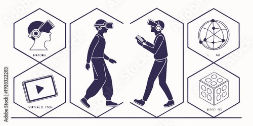 People using virtual reality headsets and interacting with holograms and icons Vector
