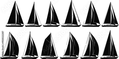 Set of sailboat silhouettes in various sizes and sail positions, yacht icons collection, cad drawing flat vector illustration, nautical marine transport elements, black