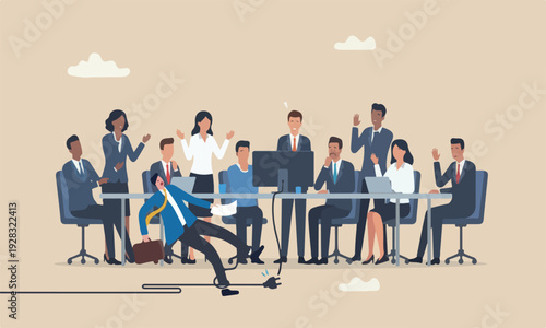 Failure mistake, meeting teams accident books surprise problem impact business concept, clumsy businessman stumble with power electric plug falling on floor