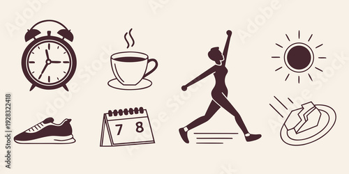 Illustrations depicting various activities and items for a productive morning routine Vector