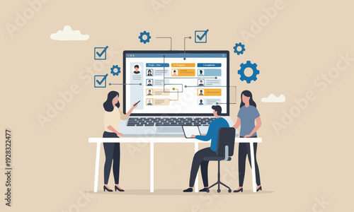 managemen plan work concept, business people team manage tasks assignment on computer laptop