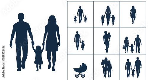 Family silhouettes in various stages of life and parenting.