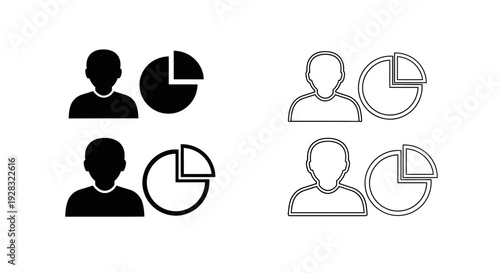 Simple icons representing people and pie charts for data analysis.