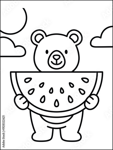 Cute Bear Holding Watermelon Coloring Page
