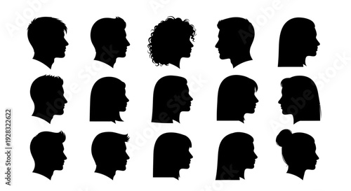 Collection of diverse human head silhouettes in profile view.