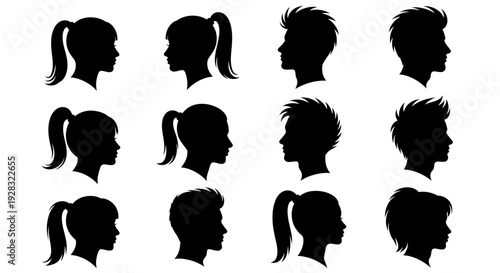 Collection of Silhouettes of People with Various Hairstyles.