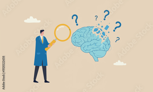 Amnesia losing, mental, thinking or remember disorder, psychology or anxiety concept, doctor with magnifying glass analyze amnesia patient brain.