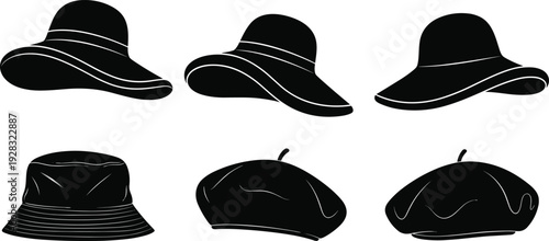 Black vector silhouette collection featuring stylish wide brim sun hats, classic French berets, and a casual summer bucket hat icon.