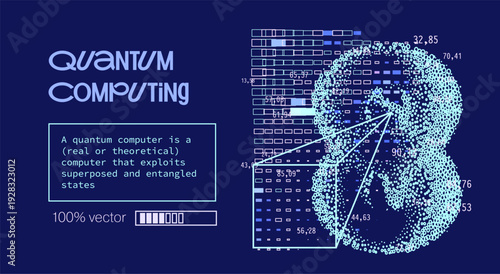 Vector illustration presents a futuristic quantum computing visualization with a glowing cyan particle cloud forming an infinity-like shape, overlaid with numerical data points, bar histograms.