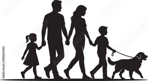 Family Walking with Dog Silhouette.