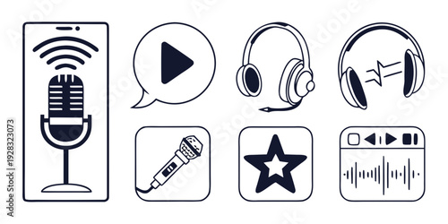 Various icons representing different aspects of audio and podcasting Vector