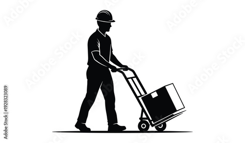 Workflow, Business, Clean, Mover, Apparel, Service, Shipping, Illustration, Safety Helmet, Industrial, Manual Labor, Silhouette, Hand Truck, Courier, Vector, Simple, Man, Distribution, Operation, Hard