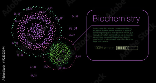 Vector illustration features a futuristic biochemistry visualization with clusters of glowing particle dots in vibrant purple, pink, green, and teal forming overlapping circular molecular clouds.