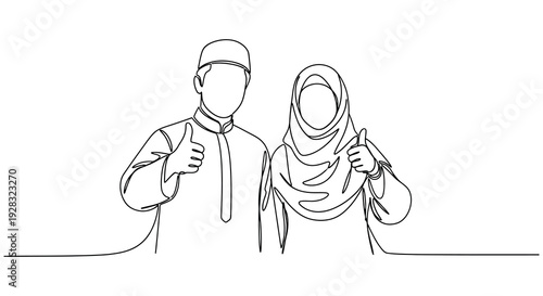 A continuous line drawing depicts a muslim couple giving thumbs up showcasing a modern artistic silhouette high quality