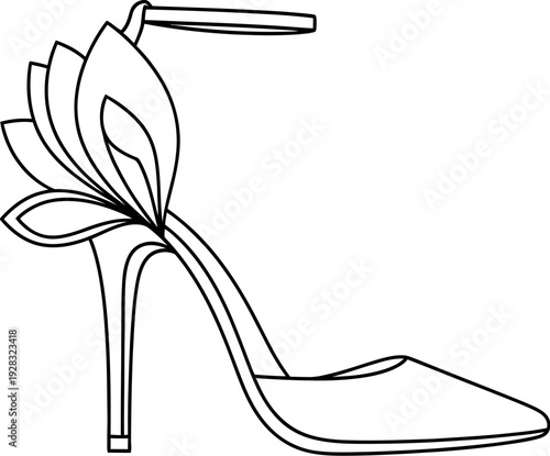 Elegant black and white line art drawing of a high heel shoe design